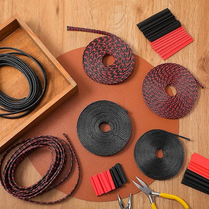 Xuniea 96ft Wire Loom Braided Cable Sleeve Covers Cord Management with 127 Pcs Tube Heat Shrinkable for Audio Video Cable Cord Protectors from Pets (1/2, 1/4, 3/8 Inch,Black and Red)