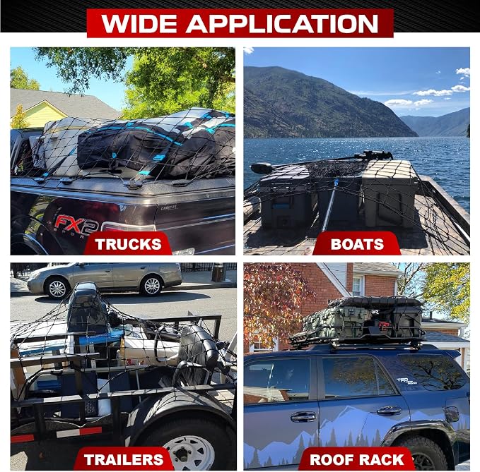 [Premium] 4'x6' Heavy Duty Cargo Net Stretches to 8' x 12', Extra Thick 10mm Cord Bungee Cargo Netting for Pickup Truck Bed, Roof Rack Net & 12 PCS Steel Carabiners