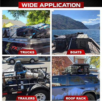 [Premium] 4'x6' Heavy Duty Cargo Net Stretches to 8' x 12', Extra Thick 10mm Cord Bungee Cargo Netting for Pickup Truck Bed, Roof Rack Net & 12 PCS Steel Carabiners