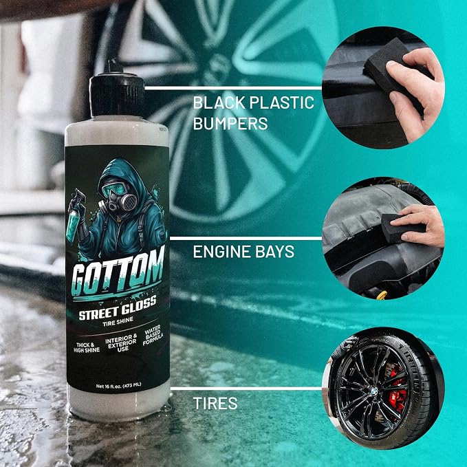 Gottom Tire & Trim Shine – 16oz, Scented Boosted Colada - Ultra High Gloss for Plastic Trim & Wheels – Water-Based Dressing – Car Tire Cleaner & Dressing – Car Detailing Supplies