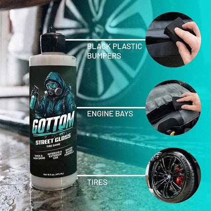 Gottom Tire & Trim Shine – 16oz, Scented Boosted Colada - Ultra High Gloss for Plastic Trim & Wheels – Water-Based Dressing – Car Tire Cleaner & Dressing – Car Detailing Supplies