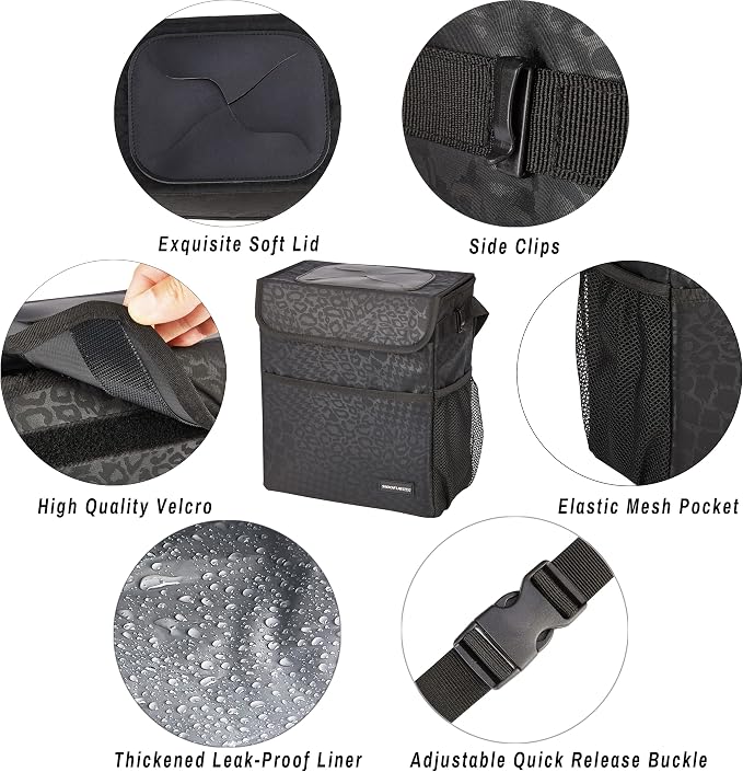 SIBOFUEGO Cute Car Trash Can with Lid – Multipurpose Collapsible Trash Bin for Car, Leak-Proof Organizer, Waterproof Garbage Can with Storage Pockets & Adjustable Straps, 2 Gallons (Black Leopard)