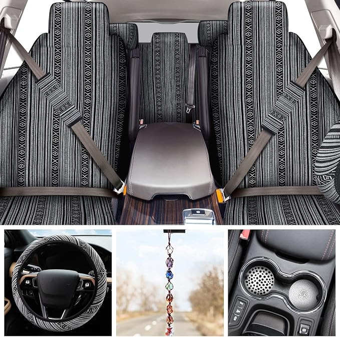 Frienda 14 Pcs Baja Car Seat Covers Full Set Multicolor Stripe Boho Print Steering Wheel Cover Seat Belt Cover Crystal Hanging Ornament Car Holders Fits (Vintage Style)