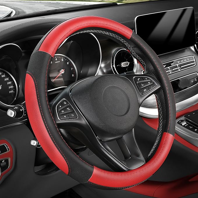 SEG Direct Car Steering Wheel Cover for Prius Civic Model 3 Model Y Camaro, Small Size 14-14.25 inch, Black and Red Microfiber Leather