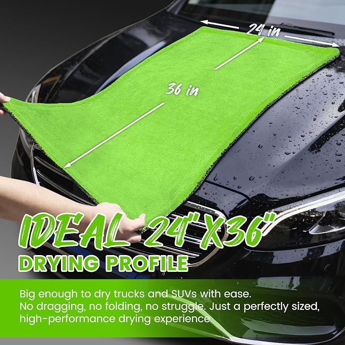 PUGPIU Car Drying Towel - 1400GSM Extra Large Super Absorbent Microfiber Towels for Cars 24"x36" - Large Edgeless with Twisted Loop, Lint-Free & Streak-Free for Auto Detailing, SUV, Truck (Green)