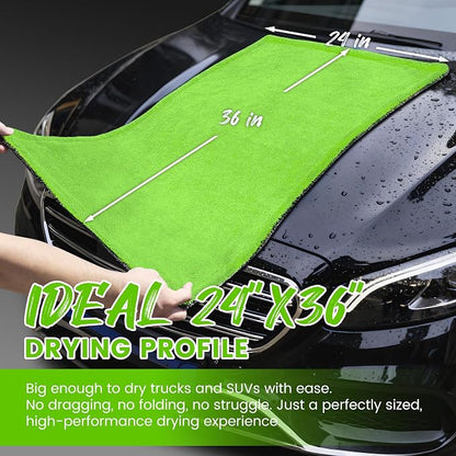 PUGPIU Car Drying Towel - 1400GSM Extra Large Super Absorbent Microfiber Towels for Cars 24"x36" - Large Edgeless with Twisted Loop, Lint-Free & Streak-Free for Auto Detailing, SUV, Truck (Green)