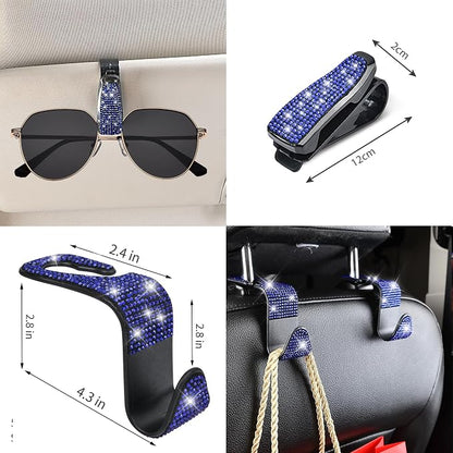 CAR PASS 11 PCS Bling Diamond Car Accessories for Women, Sparkly Rhinestone Steering Wheel Cover, Bling Seat Belt Cushion, Glitter Shift Knob Cover, Car Cup Holder Coaster, Cute Interior Sets Blue