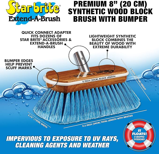 STAR BRITE 8" Premium Cleaning Brush - Synthetic Wood Block with Durable, High-Density Star Prene Fibers for Boat, RV & Auto Surfaces - Extend-A-Brush Handles - Medium Bristle, Blue (040171)
