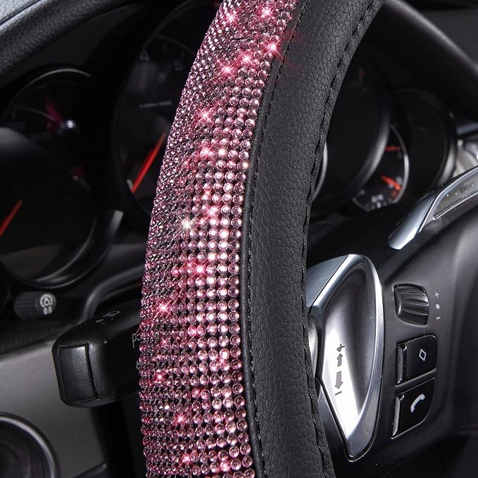 CAR PASS Bling Diamond Leather Steering Wheel Cover, Bling Sparkly Crystal Glitter Rhinestones Universal Fit 14" 1/2-15" Car Wheel Protect for Women Girl Fit Suvs,Vans,Sedans,Cars,Trucks, Pink Black