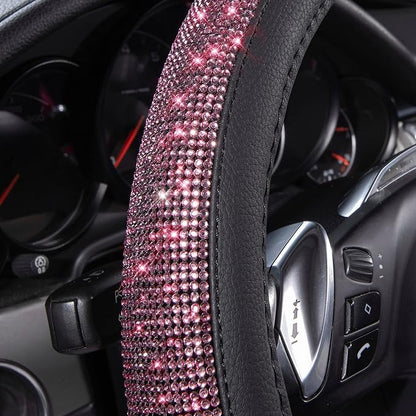 CAR PASS Bling Diamond Leather Steering Wheel Cover, Bling Sparkly Crystal Glitter Rhinestones Universal Fit 14" 1/2-15" Car Wheel Protect for Women Girl Fit Suvs,Vans,Sedans,Cars,Trucks, Pink Black