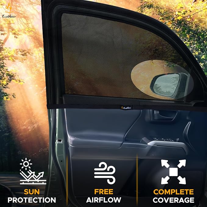 EcoNour Car Front Side Window Sun Shades Compatible for Toyota Tacoma | 2Pack Breathable Super Stretchy Mesh Sun Shade | Heat Block UV Protection Car Window Screen Covers | Mosquito Net Curtains