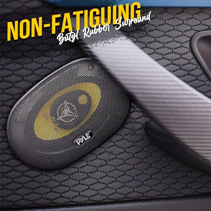 Pyle Car Three-Way Speaker System-Pro 4x6Inch 180W 4Ohm Mid Tweeter Component Audio Sound Speakers For Car Stereo w/30Oz Magnet Structure, 2” Mount Depth Fits Standard OEM-PLG46.3 (Pair),Black/Yellow
