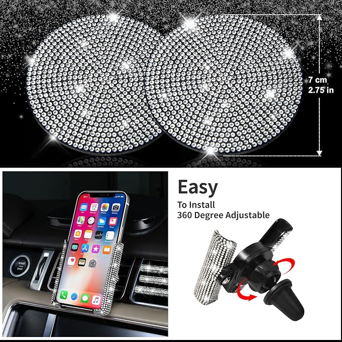 CAR PASS 23 PCS Bling Diamond Car Accessories Set for Women, Leather Seat Covers Full Set Sparkly Rhinestone15'' Steering Wheel Covers Shining Car Floor Mats Cute Aotumotive Interior Sets, Silver