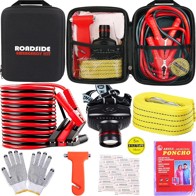 Roadside Emergency Car Kit,with Jumper Cables Roadside Kit Car Safety Kits | Emergency Car Kit Tow Straps,Headlamp, Safety Hammers, Gloves, Auto Emergency Kits Vehicles Gifts for New Drivers