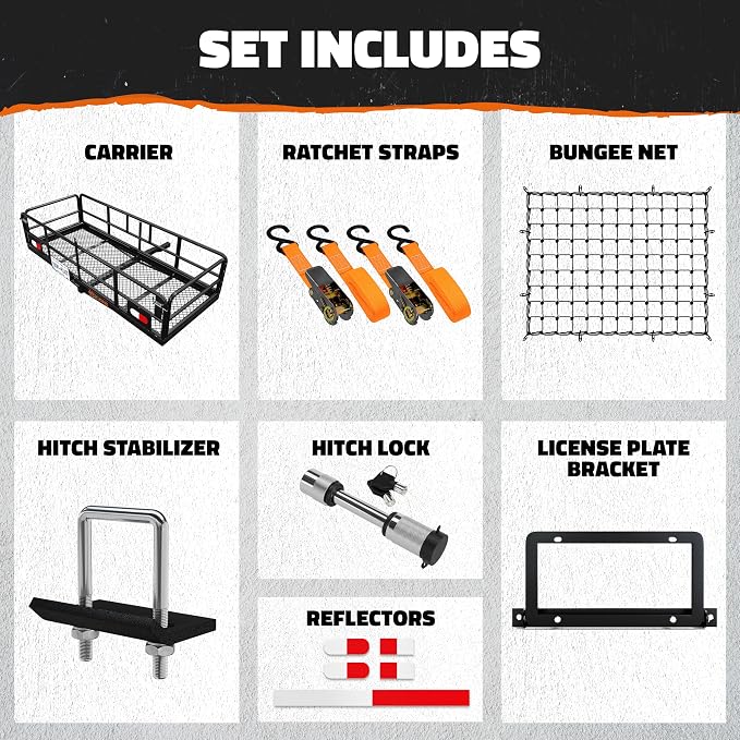Mockins 60"x24"x14" High Rail Trailer Hitch Cargo Carrier w/Plate Bracket | All-Weather 500 Lbs. Cap Folding Luggage Rack for SUV Car & Truck | Cargo Racks for Trailer Hitch Storage w/ Accessories