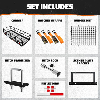 Mockins 60"x24"x14" High Rail Trailer Hitch Cargo Carrier w/Plate Bracket | All-Weather 500 Lbs. Cap Folding Luggage Rack for SUV Car & Truck | Cargo Racks for Trailer Hitch Storage w/ Accessories