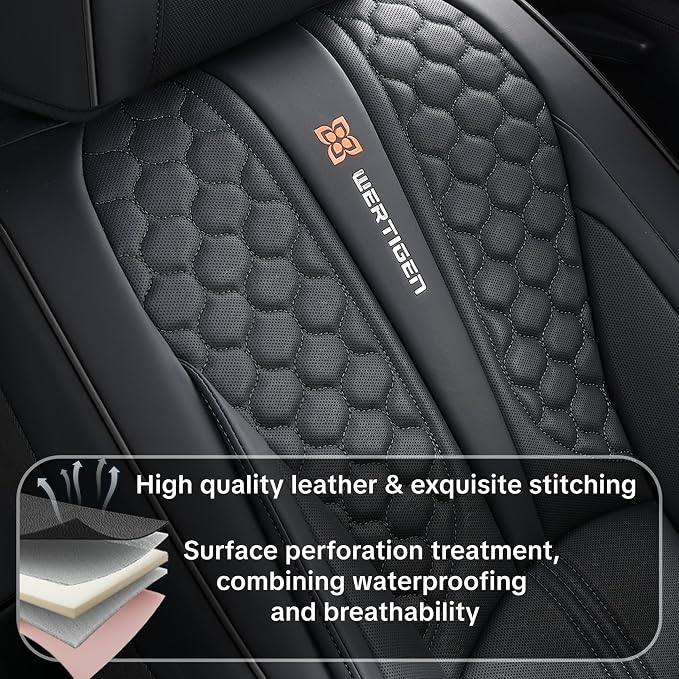 Black Car Seat Covers, Suitable for SUVs, Pickups, and Sedans, 5-Piece Complete Set, Automotive Interior Accessories, Waterproof Leather, with Lumbar Support, Airbag Compatible, Non-Slip