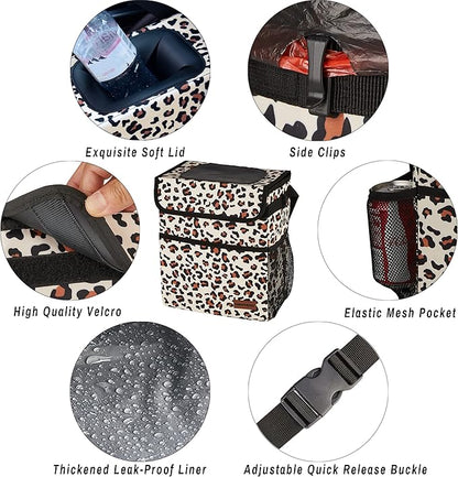 SIBOFUEGO Cute Car Trash Can with Lid – Multipurpose Collapsible Trash Bin for Car, Leak-Proof Organizer, Waterproof Garbage Can with Storage Pockets & Adjustable Straps, 2 Gallons (Leopard Print)
