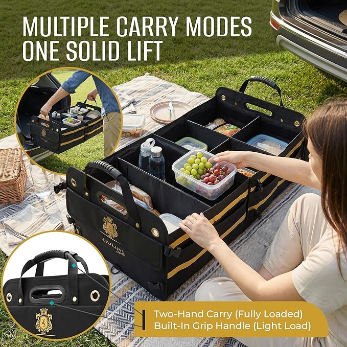 Zioliny Car Trunk Organizer for SUV Large Trunk Storage with Removable Dividers, Heavy Duty Oxford Cargo Holder, Non-Slip Base, Collapsible Storage Box for SUV, Sedan, Truck