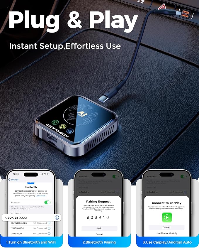 Magic AI Box Wireless CarPlay Adapter, Fast Car Video Box Plug & Play, Easy Setup, Supports Netflix/YouTube/TF Card Streaming Equalizers and More for OEM Wired CarPlay/Android Auto Cars(Tech Gray)