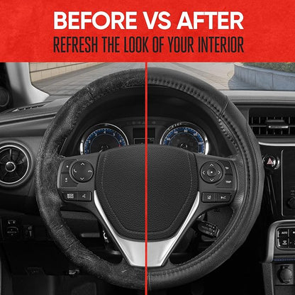 Motor Trend GripDrive Faux Black Leather Steering Wheel Cover for Car Truck Van SUV, Standard 15 inch Size, Solid Black Stitched Car Steering Wheel Cover Vehicle & Auto Accessories