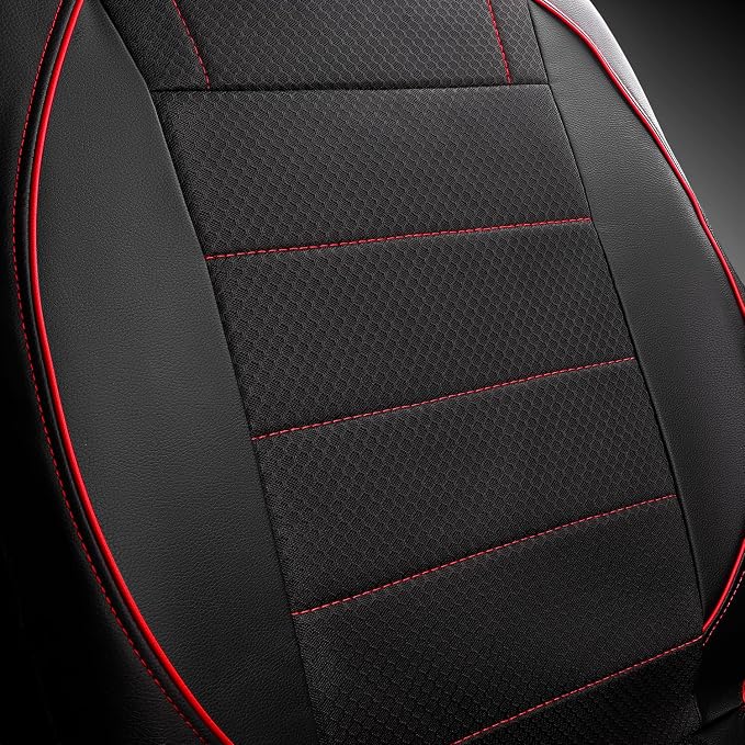 CAR PASS Air Mesh Leather Car Seat Covers Front Seats, Breathable Two Front Seat Covers for Cars, Comfortable Universal Fit for SUV Truck Sedan Automotive, Anti-Slip Airbag Compatible,Black and Red
