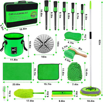 Lezcufer 17Pcs Car Wash Kit,62" Car Wash Brush Mop with Long Handle,Car Cleaning Kit,Car Detailing Brush Set,Car Wash Bucket,Car Wheel Brush,Complete Interior Car Cleaning Supplies