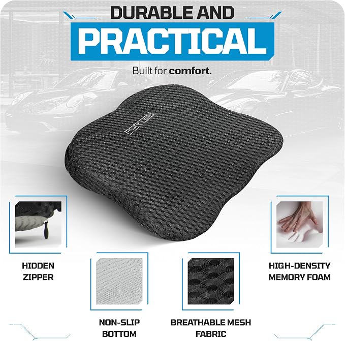 FORTEM Car Seat Cushion, Memory Foam Wedge Cushion for Driving, Car Seat Pad for Comfort, Non Slip Bottom, Adjustable Straps, Washable Cover