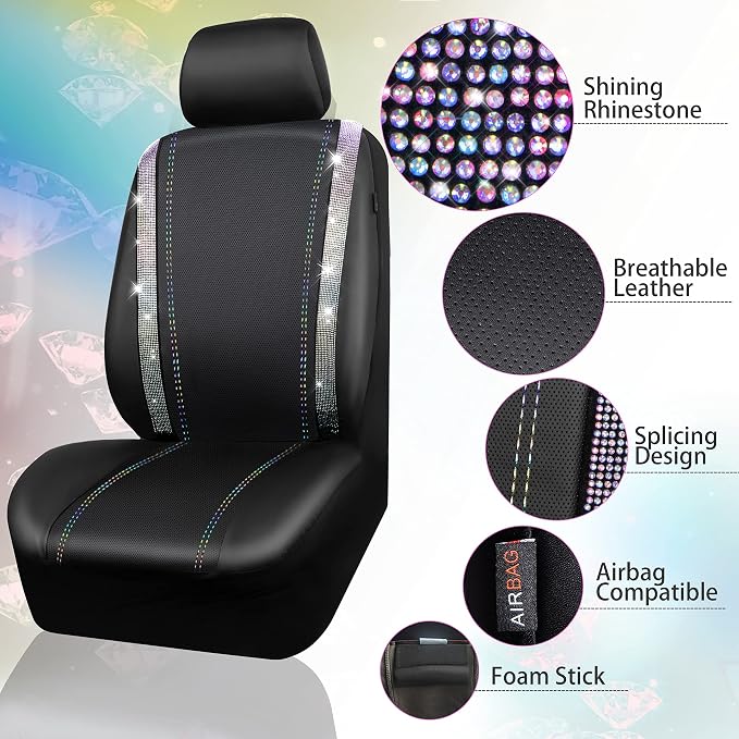 CAR PASS Bling Diamond Leather Seat Covers Sets 12pcs Shining Car Accessories Set for Women, Sparkly Rhinestone Steering Wheel Cover, Glitter Cute Crystal for Women Girl, Bedazzed Multicolor Diamond
