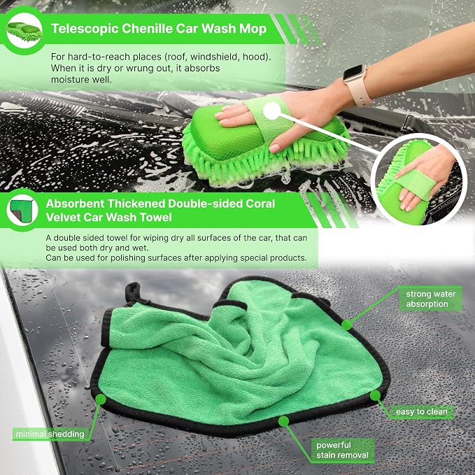 7-in-1 Car Detailing Kit - Powerful Multi-Purpose Complete Auto Cleaning Set with Telescopic Mop, Microfiber Mitt, Towel, Wheel & Interior Brushes