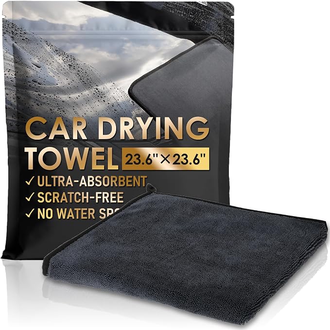 Yours Car Drying Towel, Double-Sided Microfiber Towel for Cars, Ultra Absorbent, Lint-Free, Streak-Free, Reusable, 23.6 x 23.6 in, Black (Large)