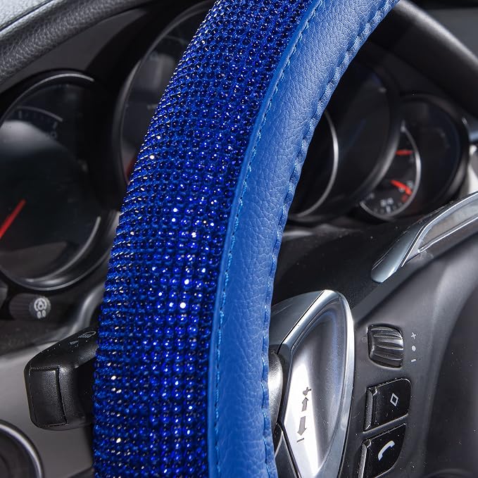 CAR PASS Bling Diamond Leather Steering Wheel Cover, with Bling Sparkly Crystal Glitter Rhinestones Universal Fit 14" 1/2-15" Car Wheel Protect for Women Girl Fit Suvs,Vans,Sedans,Cars,Trucks, Blue