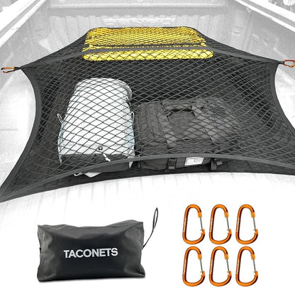TacoNets Upgraded Highly Elastic Cargo Net, USA Company, Simple Truck Bed Cargo Mesh Organizer, Suitable for Light Loads, Heavy Duty Carabiners, 4'x4' Double Layer