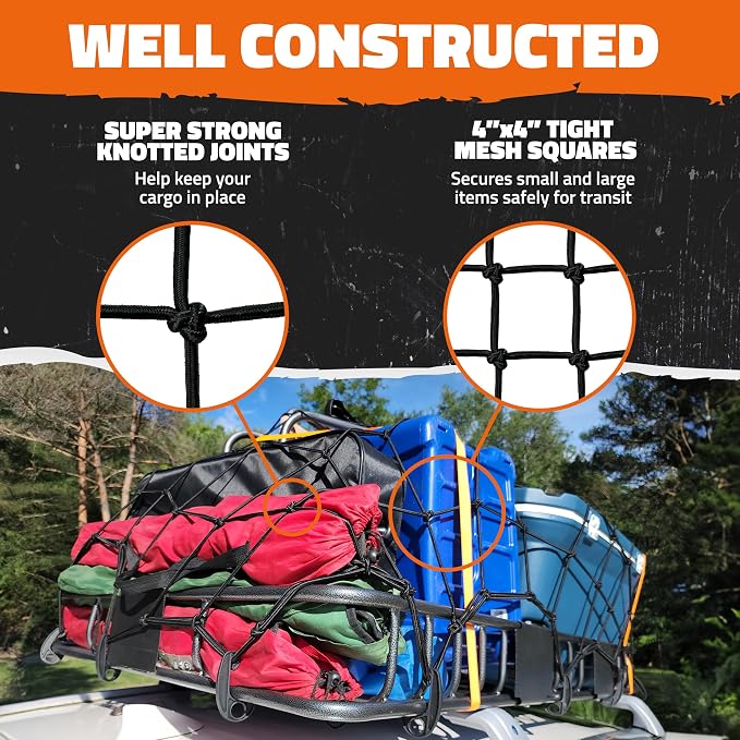 Mockins 36"x20" Heavy Duty Cargo Net for Pickup Truck Bed, Rack & More | 6mm Thick Elastic Bungee Net with Hooks Expandable Up to 75"x40" | 4"x4" Mesh Square Cargo Netting for Any Type of Load