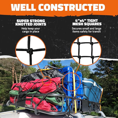 Mockins 36"x20" Heavy Duty Cargo Net for Pickup Truck Bed, Rack & More | 6mm Thick Elastic Bungee Net with Hooks Expandable Up to 75"x40" | 4"x4" Mesh Square Cargo Netting for Any Type of Load