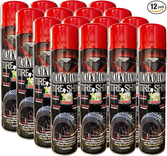 Black Diamond Aerosol Tire Shine Spray (12 Pack, 14 oz Each) - Extreme Wet Look Gloss, Long Lasting No-Sling Tire Dressing for Car Detailing, High Shine Rubber Protectant & Wheel Care