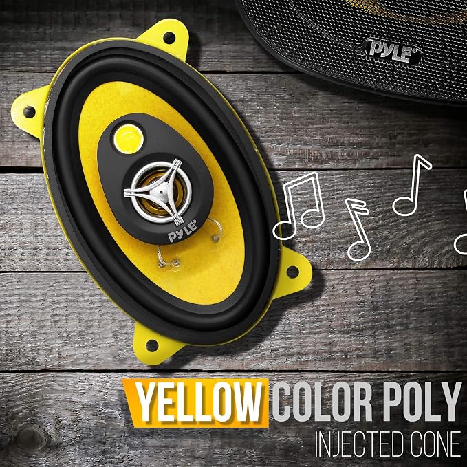Pyle Car Three-Way Speaker System-Pro 4x6Inch 180W 4Ohm Mid Tweeter Component Audio Sound Speakers For Car Stereo w/30Oz Magnet Structure, 2” Mount Depth Fits Standard OEM-PLG46.3 (Pair),Black/Yellow