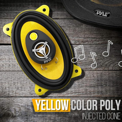 Pyle Car Three-Way Speaker System-Pro 4x6Inch 180W 4Ohm Mid Tweeter Component Audio Sound Speakers For Car Stereo w/30Oz Magnet Structure, 2” Mount Depth Fits Standard OEM-PLG46.3 (Pair),Black/Yellow