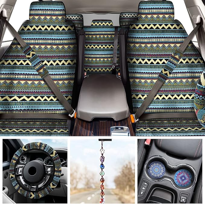 Frienda 14 Pcs Baja Car Seat Covers Full Set Multicolor Stripe Boho Print Steering Wheel Cover Seat Belt Cover Crystal Hanging Ornament Car Holders Fits (Bohemia Style)
