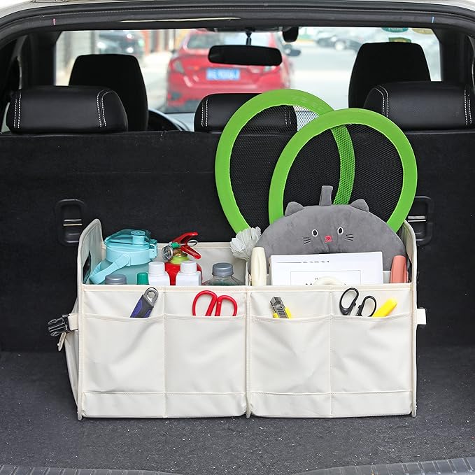 AOKJOY Car Trunk Organizer Car Storage Organizer Collapsible Multi Compartment Car Organizer Adjustable Straps for SUV(Beige)