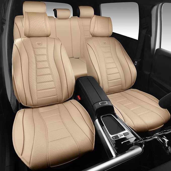 CAR PASS Nappa Leather Seat Covers, Universal FIT Piping Leather Car Seat Cover Full Set for Cars,SUV,Truck 3D Foam Waterproof Luxury Seat Covers 5 Seats, Comfort Durable Airbag Compatible Beige