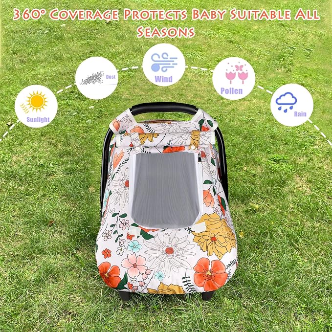 Baby Carseat Cover Girls, Pea Pod Infant Car Seat Covers Canopy for Newborn with 2 Layers Windows of Breathable Mesh/Fabric, Lightweight Polyester/Minky Dot Backing, Snug Fit Most Baby Car Seat