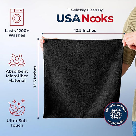 USANOOKS Premium 300GSM Microfiber Cleaning Cloth - 12.5"x12.5" High Performance - 1200 Washes, Ultra Absorbent Microfiber Towels for Cars Undercarriage, Rims & Engine Bay Cleaning - Microfiber Cloth