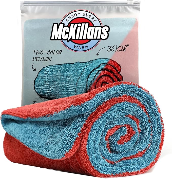 McKillans® Extra Large Dual-Color Car Drying Towel XL - Edgeless & Ultra Soft & Absorbent - 36" x 28" - 1200 GSM Twisted Loop Microfiber Towel for Cars - Drying Towel Car Detailing - Car Wash Towels