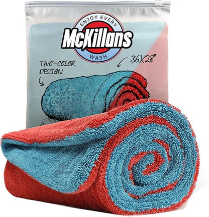 McKillans® Extra Large Dual-Color Car Drying Towel XL - Edgeless & Ultra Soft & Absorbent - 36" x 28" - 1200 GSM Twisted Loop Microfiber Towel for Cars - Drying Towel Car Detailing - Car Wash Towels