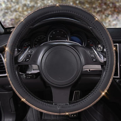 CAR PASS Bling Champagne Diamond Steering Wheel Cover, Black Leather Universal Fit 14.5-15inch Glitter Rhinestones for Women Sparkle Crystal Girly Shining for SUV,Vans,Sedan,Car,Truck, Black Champagne