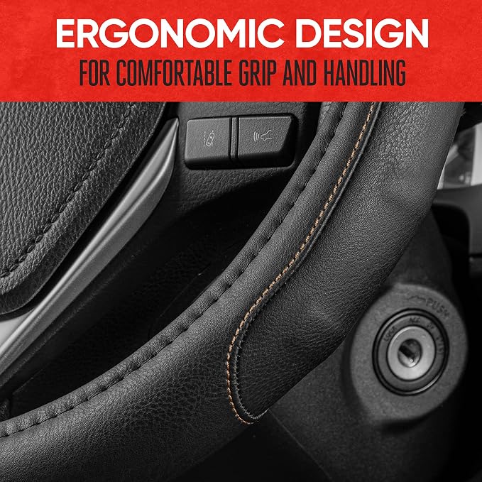 Motor Trend GripDrive Faux Black Leather Steering Wheel Cover for Car Truck Van SUV, Standard 15 inch Size, Beige Accent Stitched Car Steering Wheel Cover Vehicle & Auto Accessories