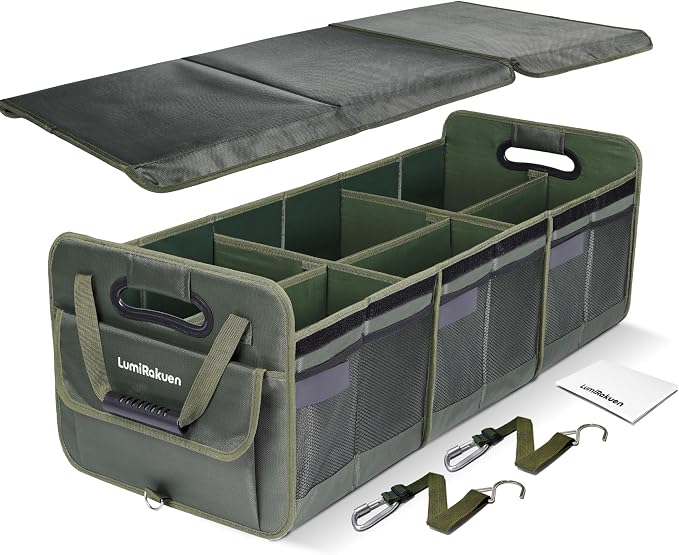 Heavy Duty Trunk Organizer with Lid for Car SUV-1680D Water-Resistant Fabric &3.5mm PP Skeleton,Collapsible Cargo Storage Box with No Sliding Metal Hooks,Fits Tesla,Truck,Sedan (XL Green