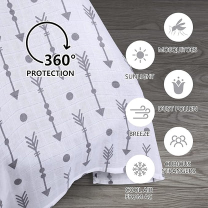 Rquite Car Seat Cover Baby for Boys Girls, 100% Muslin Cotton Infant Carseat Canopy, Soft Breathable Stroller Sun Shade & Newborn Shower Gift, Large Size Universal Fit Summer, Hot & Warm Weather