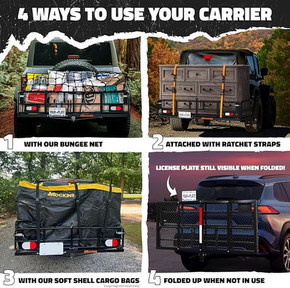 Mockins 60"x24"x14" High Rail Trailer Hitch Cargo Carrier w/License Plate Bracket & 30 Cu.Ft. Waterproof Cargo Hitch Carrier Bag | 500 Lbs. Cap All-Weather Folding Luggage Rack for SUV Truck & Car Set